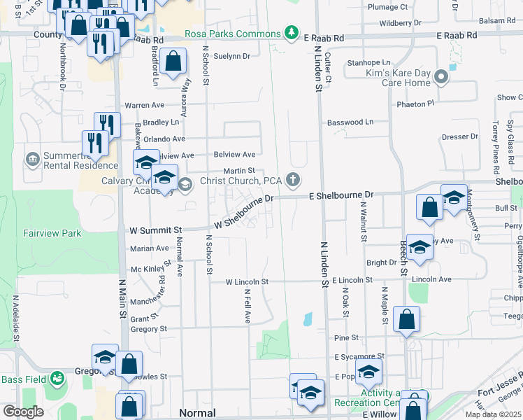 map of restaurants, bars, coffee shops, grocery stores, and more near 1007 Charlotte Drive in Normal