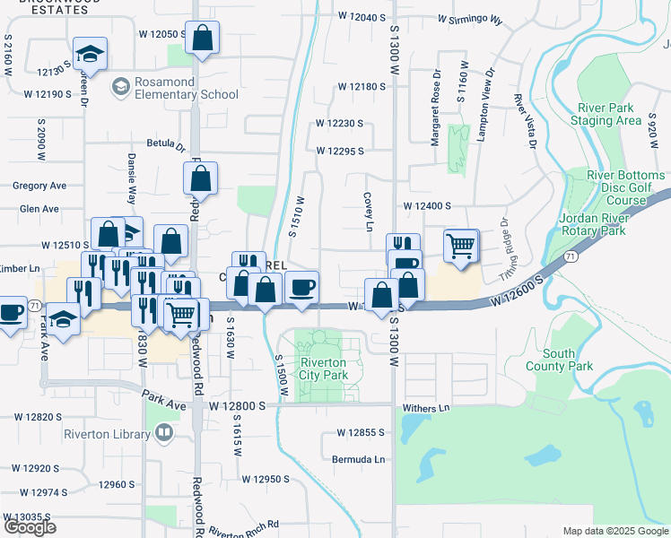 map of restaurants, bars, coffee shops, grocery stores, and more near 12526 Bridal Veil Drive in Riverton