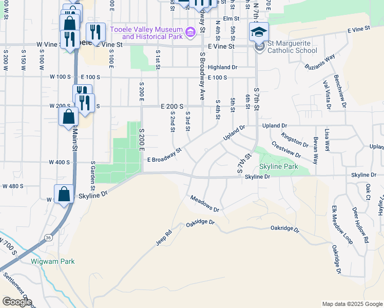 map of restaurants, bars, coffee shops, grocery stores, and more near 363 Oak Hill Drive in Tooele