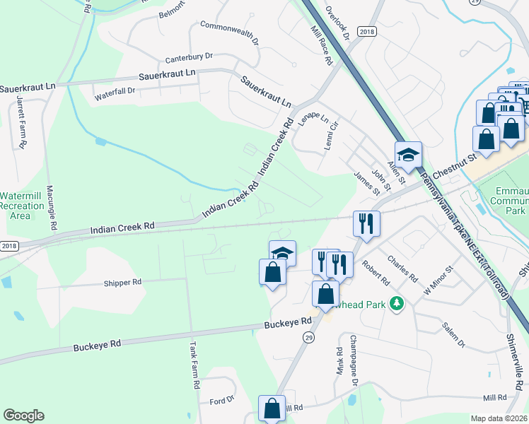 map of restaurants, bars, coffee shops, grocery stores, and more near 4702 Indian Creek Road in Macungie