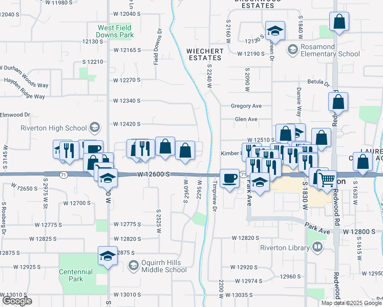 map of restaurants, bars, coffee shops, grocery stores, and more near 2356 West Montcalm Drive in Riverton