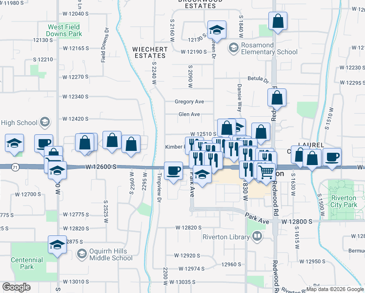 map of restaurants, bars, coffee shops, grocery stores, and more near Kimber Lane in Riverton