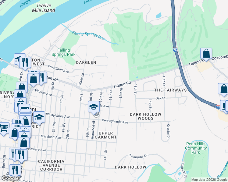 map of restaurants, bars, coffee shops, grocery stores, and more near 866 11th Street in Oakmont