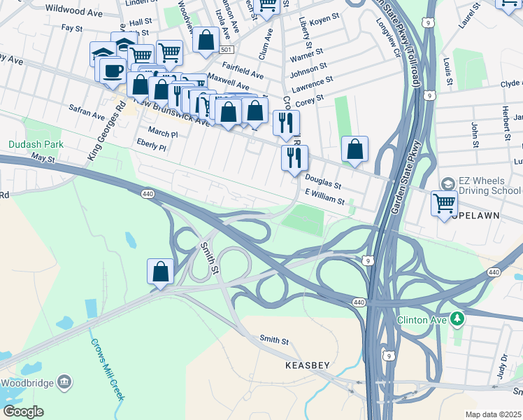 map of restaurants, bars, coffee shops, grocery stores, and more near 499 Sunnyview Oval in Woodbridge Township