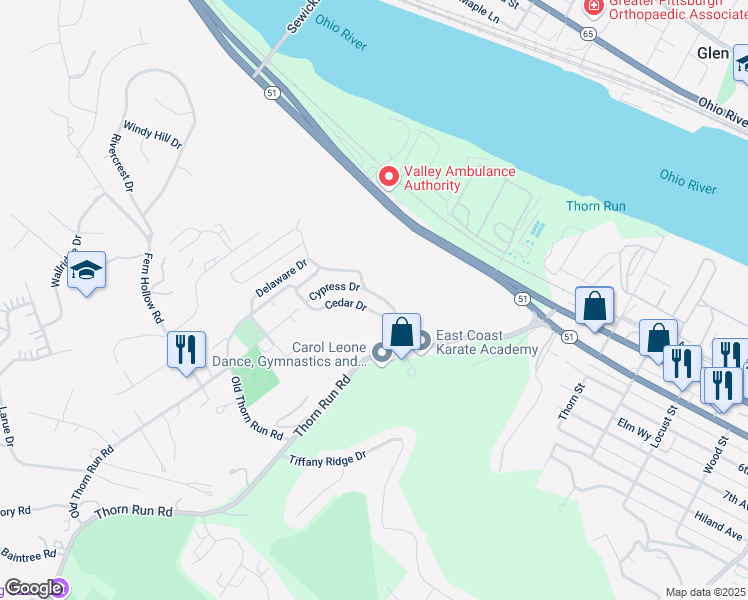map of restaurants, bars, coffee shops, grocery stores, and more near 357 Cypress Drive in Coraopolis