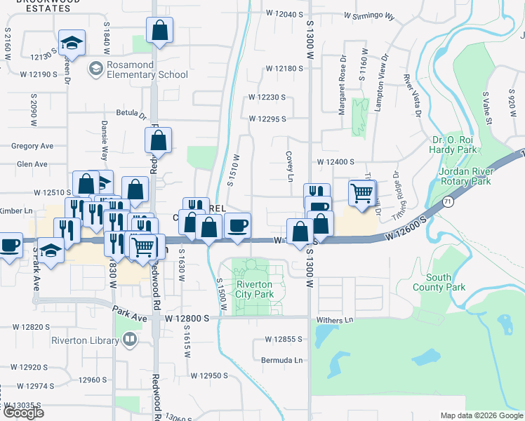map of restaurants, bars, coffee shops, grocery stores, and more near 1397 Quail Ridge Road in Riverton