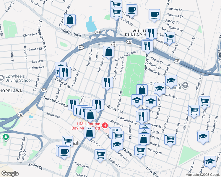 map of restaurants, bars, coffee shops, grocery stores, and more near 524 Harrington Street in Perth Amboy