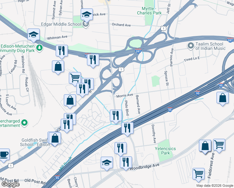 map of restaurants, bars, coffee shops, grocery stores, and more near 2 Morris Avenue in Edison