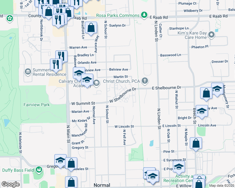 map of restaurants, bars, coffee shops, grocery stores, and more near 1007 Sheryl Lane in Normal