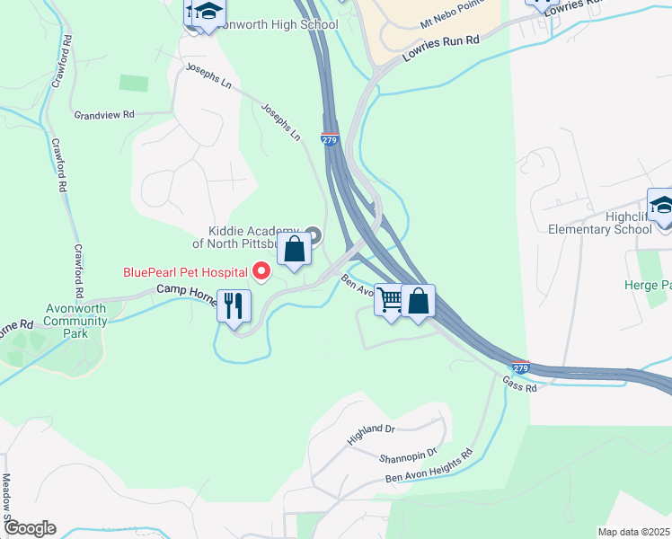 map of restaurants, bars, coffee shops, grocery stores, and more near 976 Camp Horne Road in Pittsburgh