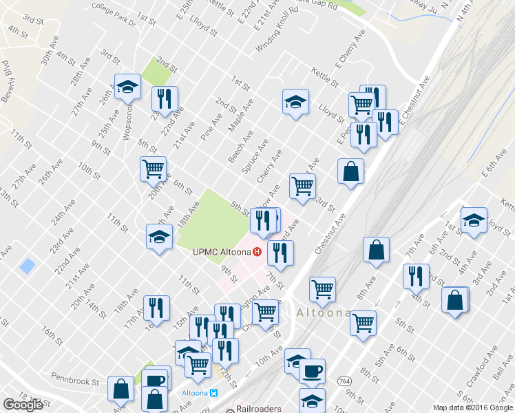 map of restaurants, bars, coffee shops, grocery stores, and more near 416 Willow Avenue in Altoona