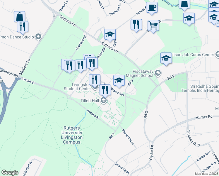 map of restaurants, bars, coffee shops, grocery stores, and more near 66 Joyce Kilmer Avenue in Piscataway Township