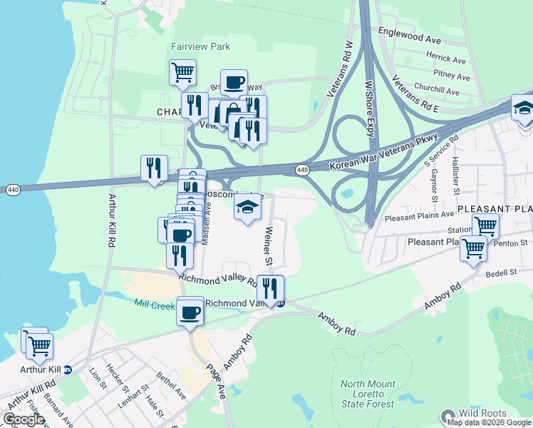 map of restaurants, bars, coffee shops, grocery stores, and more near 158 Weiner Street in Staten Island