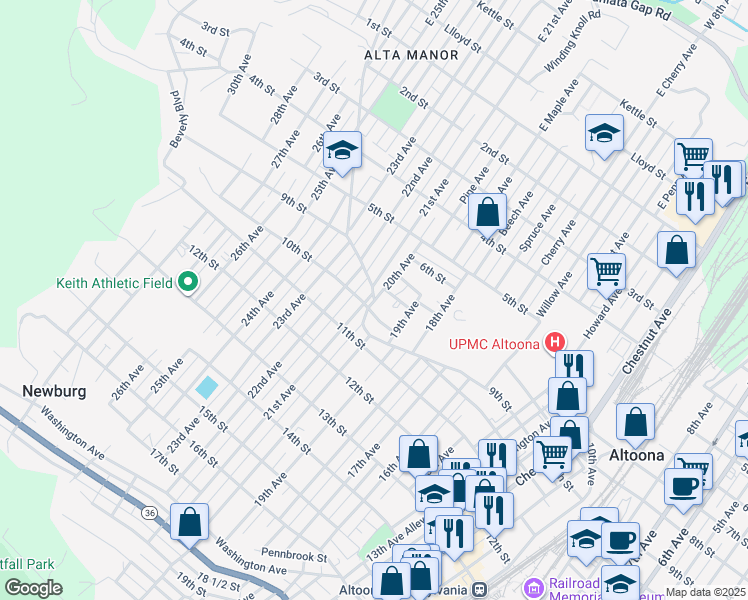 map of restaurants, bars, coffee shops, grocery stores, and more near 813 20th Avenue in Altoona