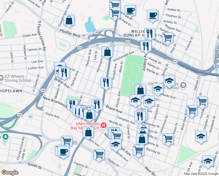 map of restaurants, bars, coffee shops, grocery stores, and more near 524 Harrington Street in Perth Amboy