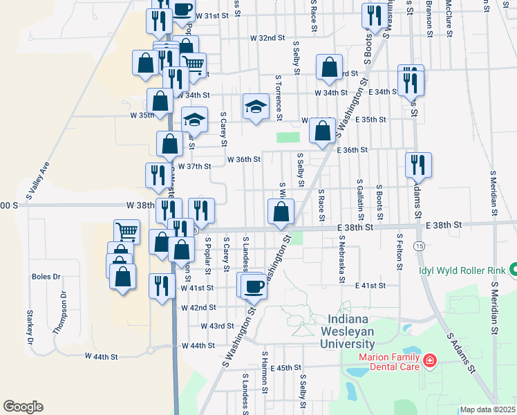 map of restaurants, bars, coffee shops, grocery stores, and more near 3716 South Harmon Street in Marion