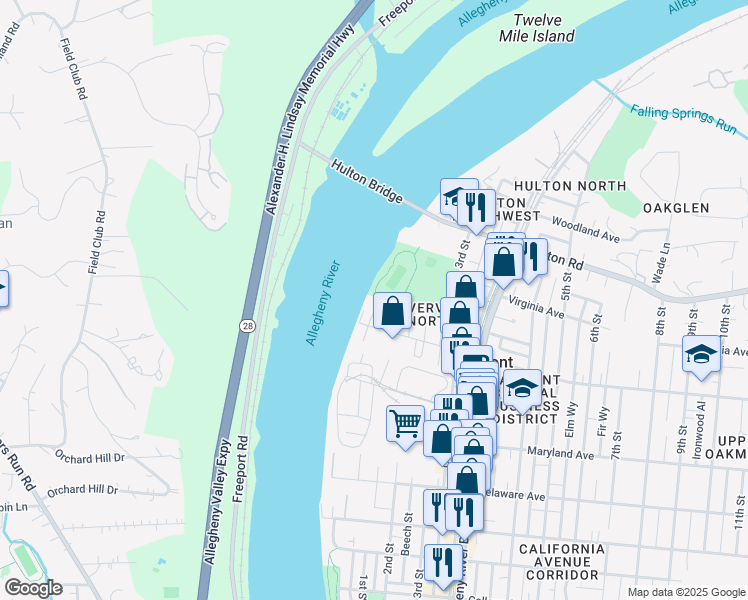 map of restaurants, bars, coffee shops, grocery stores, and more near 717 Riverside Drive in Oakmont