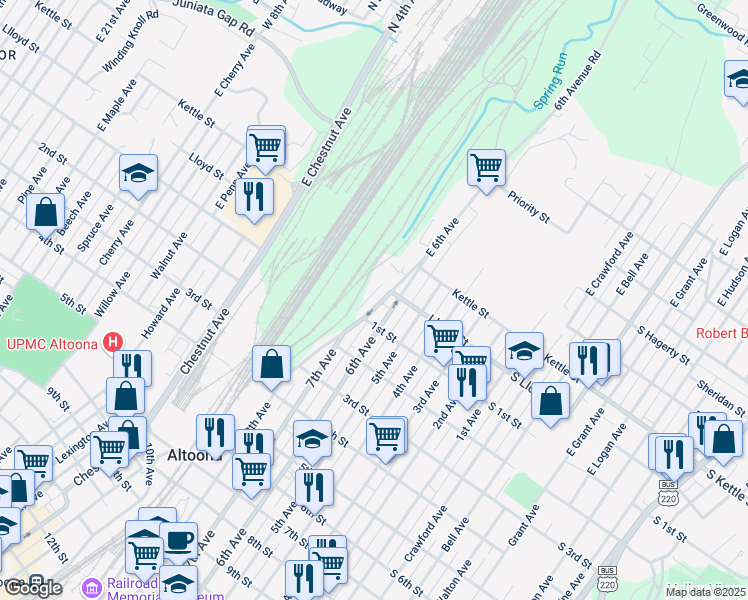 map of restaurants, bars, coffee shops, grocery stores, and more near 130-214 East Bellwood Avenue in Altoona