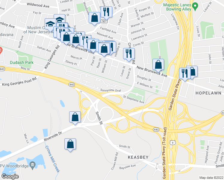 map of restaurants, bars, coffee shops, grocery stores, and more near 808 Sunnyview Oval in Woodbridge Township