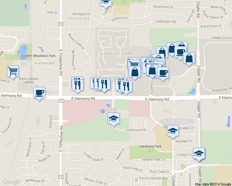 map of restaurants, bars, coffee shops, grocery stores, and more near 2510 E Harmony Rd in Fort Collins