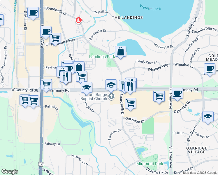 map of restaurants, bars, coffee shops, grocery stores, and more near 530 East Harmony Road in Fort Collins