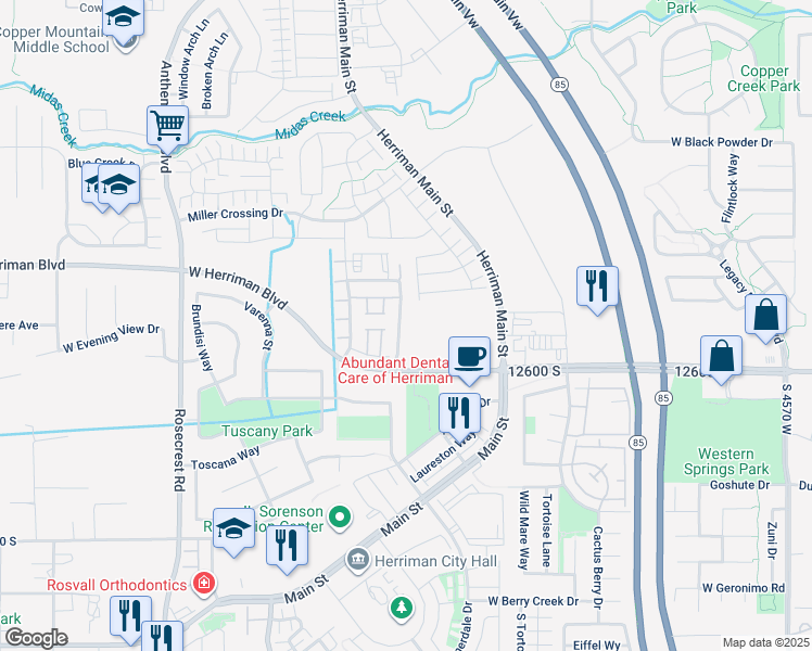 map of restaurants, bars, coffee shops, grocery stores, and more near 12517 Terrameer Avenue in Herriman