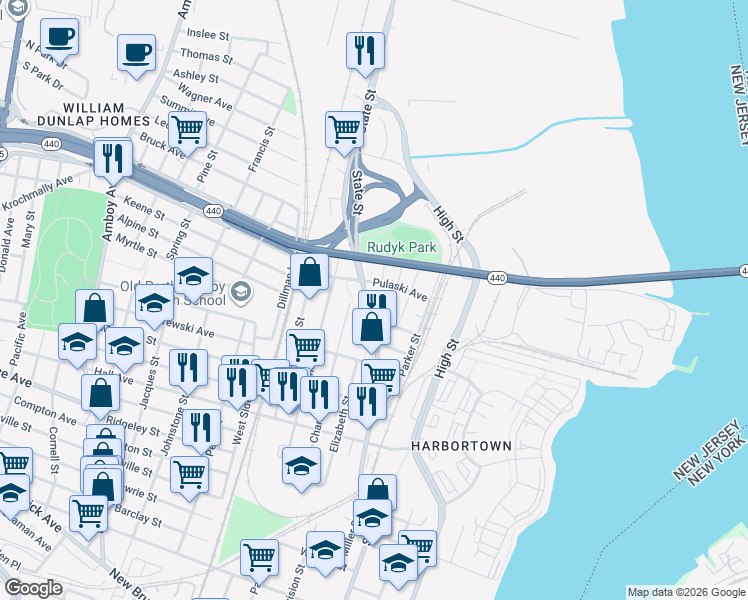 map of restaurants, bars, coffee shops, grocery stores, and more near 775 Central Place in Perth Amboy