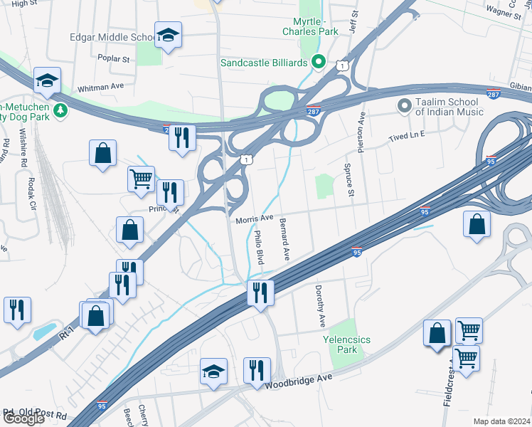 map of restaurants, bars, coffee shops, grocery stores, and more near 26 Morris Avenue in Edison