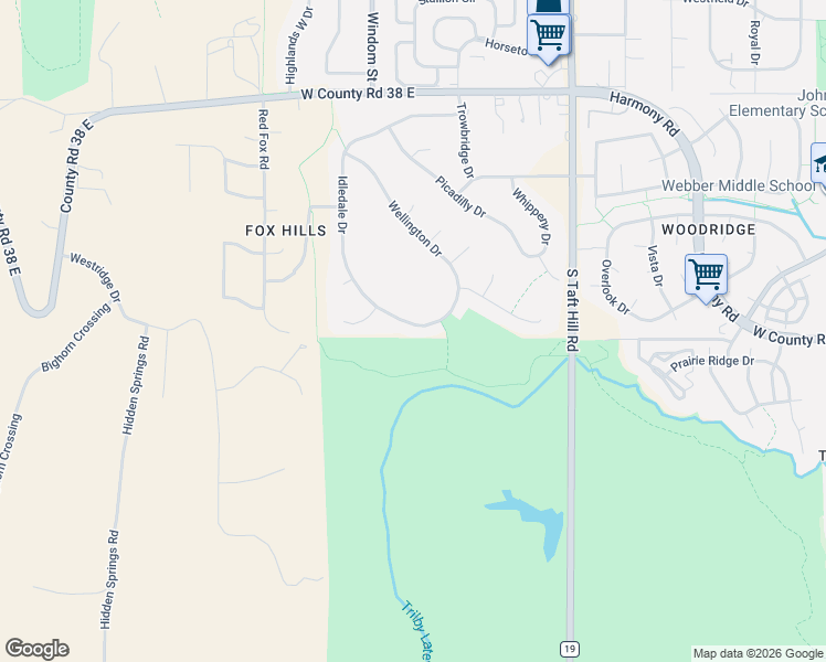 map of restaurants, bars, coffee shops, grocery stores, and more near 4521 Idledale Drive in Fort Collins