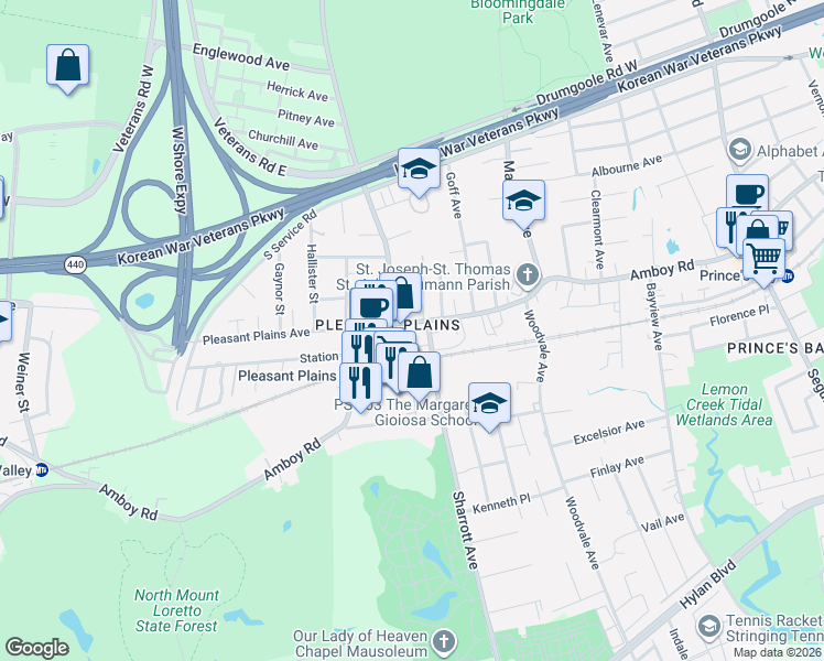 map of restaurants, bars, coffee shops, grocery stores, and more near 6232 Amboy Road in Staten Island