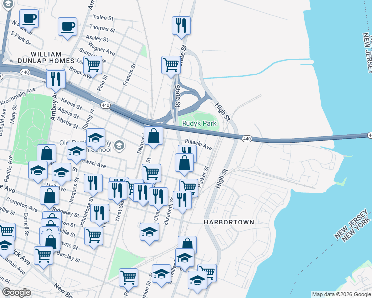 map of restaurants, bars, coffee shops, grocery stores, and more near 775 Central Place in Perth Amboy