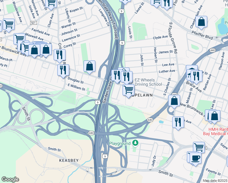 map of restaurants, bars, coffee shops, grocery stores, and more near 41 Emmett Avenue in Perth Amboy