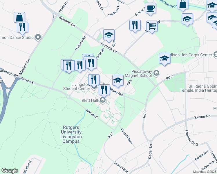 map of restaurants, bars, coffee shops, grocery stores, and more near 66 Joyce Kilmer Avenue in Piscataway Township