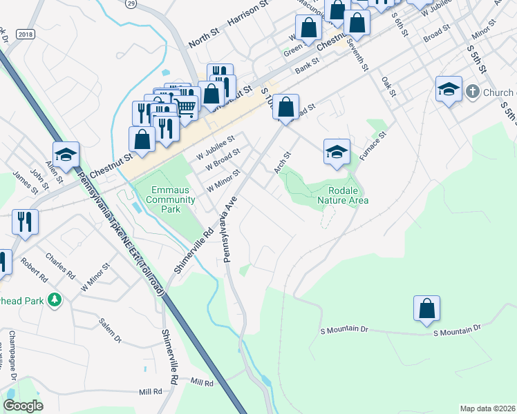 map of restaurants, bars, coffee shops, grocery stores, and more near 307 Delong Ave in Emmaus