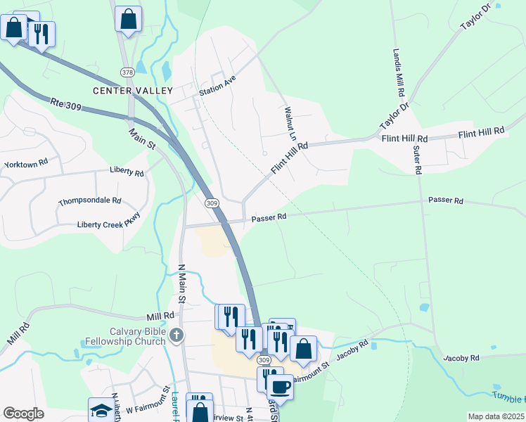 map of restaurants, bars, coffee shops, grocery stores, and more near 6705 Passer Road in Coopersburg