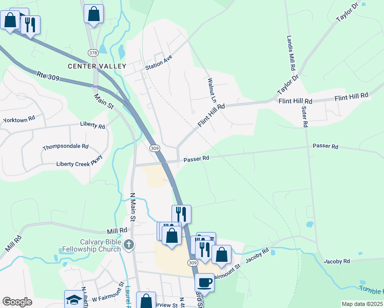 map of restaurants, bars, coffee shops, grocery stores, and more near 6705 Passer Road in Coopersburg