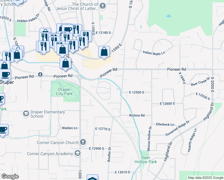map of restaurants, bars, coffee shops, grocery stores, and more near 12533 Forge Way in Draper