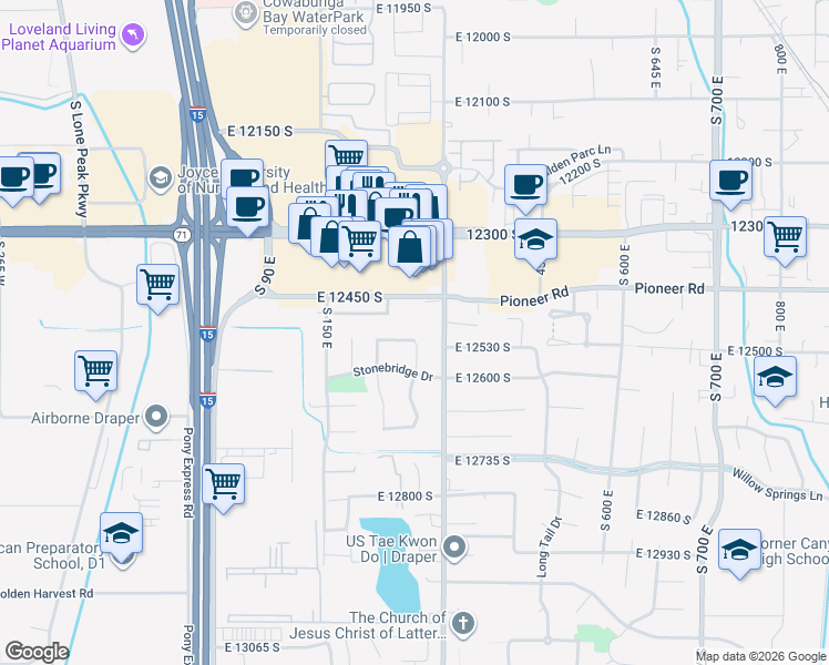 map of restaurants, bars, coffee shops, grocery stores, and more near 247 Pebblebrook Way in Draper