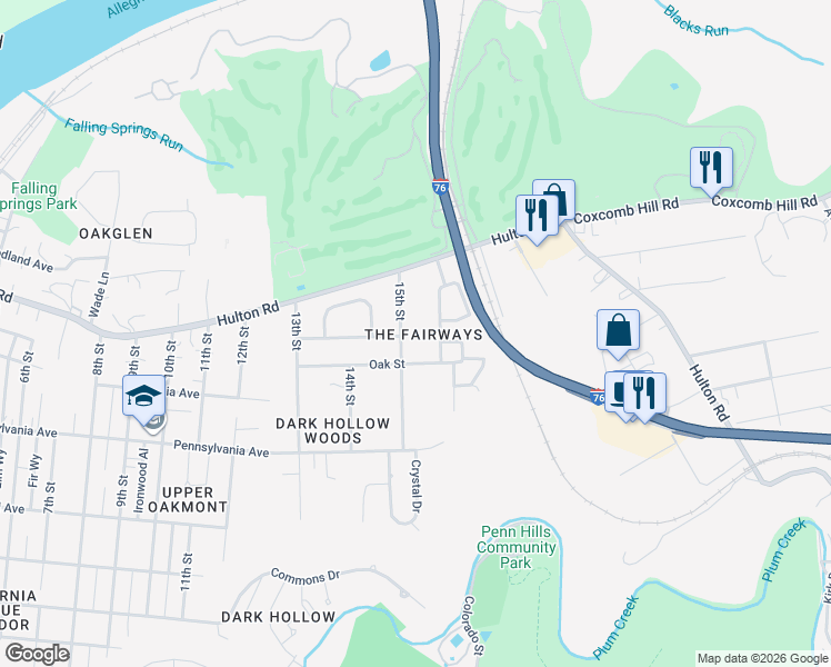 map of restaurants, bars, coffee shops, grocery stores, and more near 844 15th Street in Oakmont