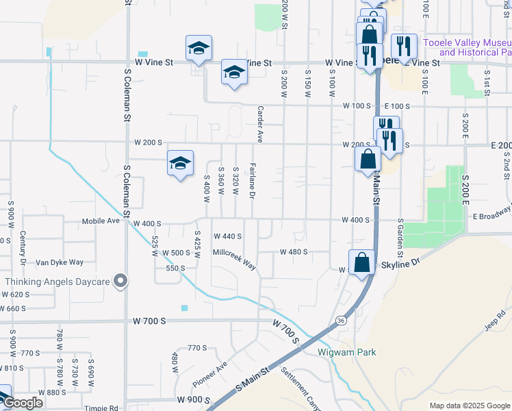 map of restaurants, bars, coffee shops, grocery stores, and more near 375 Fairlane Drive in Tooele