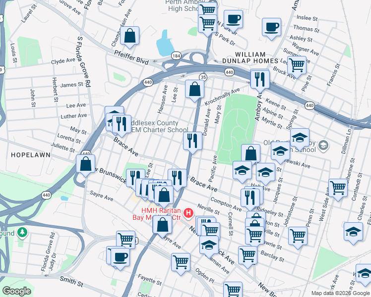 map of restaurants, bars, coffee shops, grocery stores, and more near 561 Harrington Street in Perth Amboy