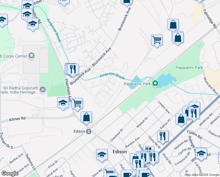 map of restaurants, bars, coffee shops, grocery stores, and more near 1728 Raspberry Court in Edison
