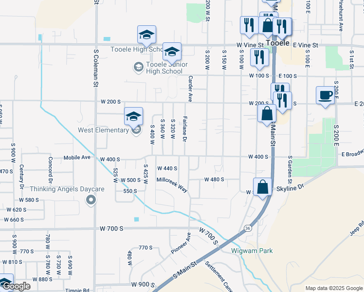 map of restaurants, bars, coffee shops, grocery stores, and more near 374 Fairlane Drive in Tooele