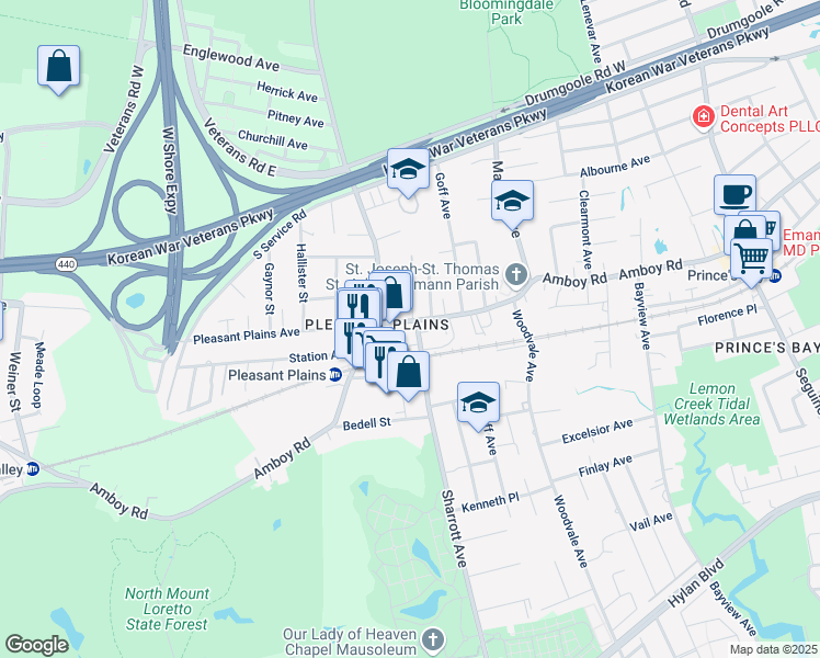 map of restaurants, bars, coffee shops, grocery stores, and more near 6232 Amboy Road in Staten Island