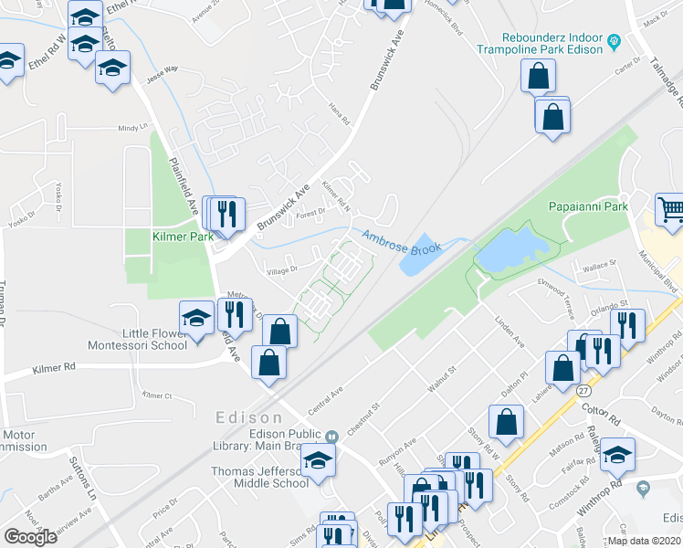 map of restaurants, bars, coffee shops, grocery stores, and more near 1904 Raspberry Court in Edison