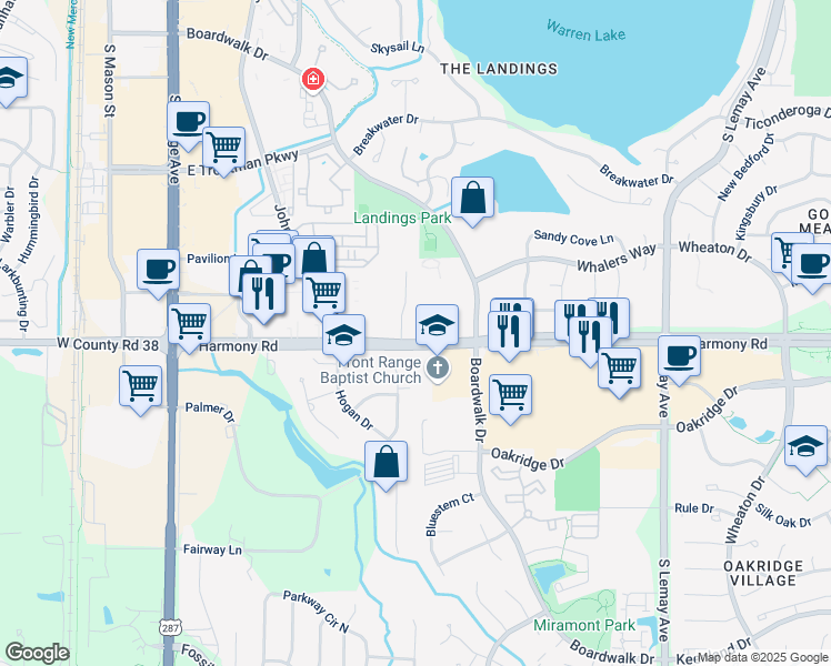 map of restaurants, bars, coffee shops, grocery stores, and more near 530 East Harmony Road in Fort Collins