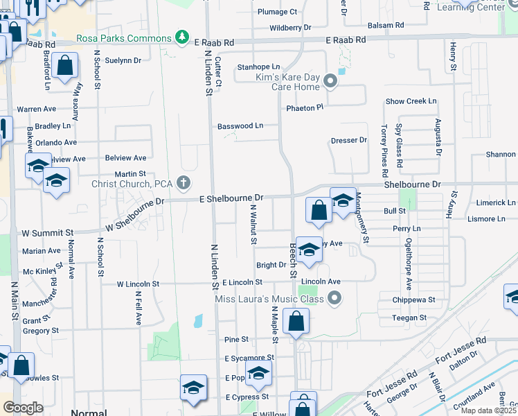map of restaurants, bars, coffee shops, grocery stores, and more near 1408 North Walnut Street in Normal