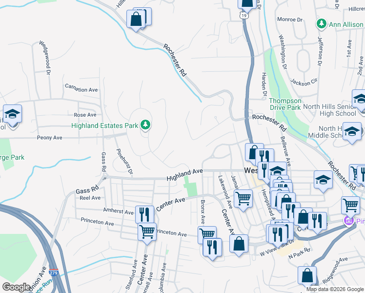 map of restaurants, bars, coffee shops, grocery stores, and more near 111 Laurel Valley Drive in Pittsburgh