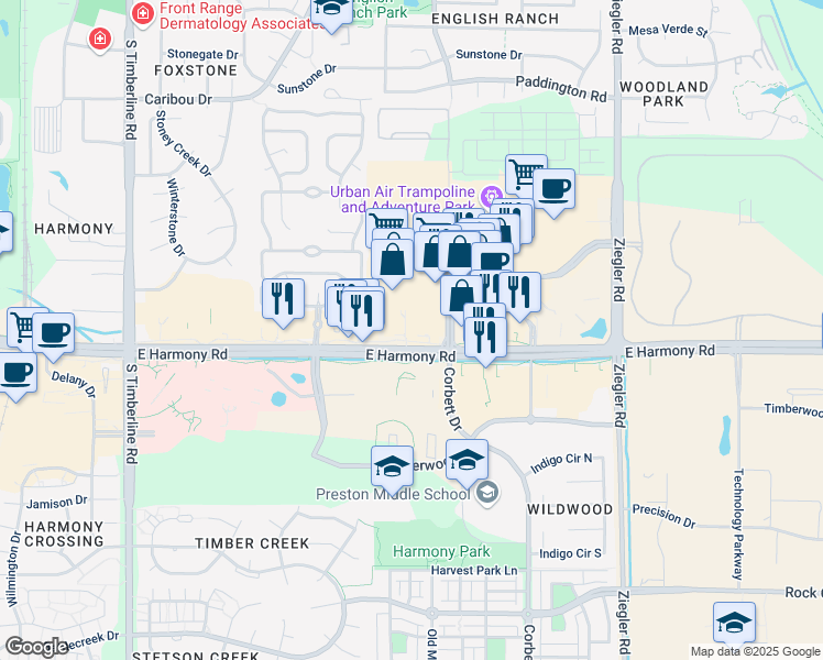 map of restaurants, bars, coffee shops, grocery stores, and more near 2640 East Harmony Road in Fort Collins