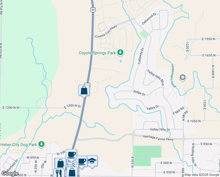 map of restaurants, bars, coffee shops, grocery stores, and more near 1290 North Valley Drive in Heber City